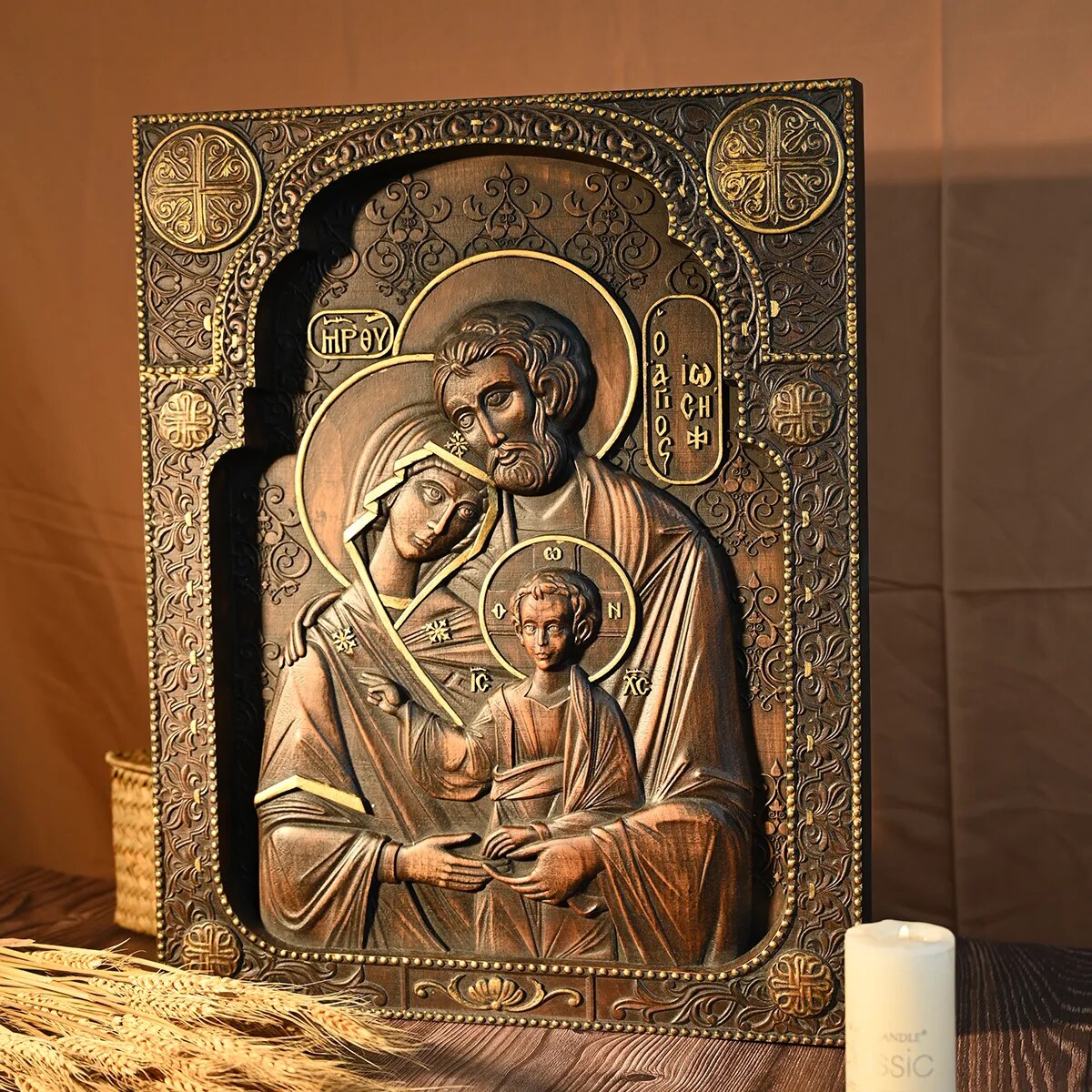 Holy Family Nativity Wood Carving Religious Byzantine Icons Jesus Wall Plaque