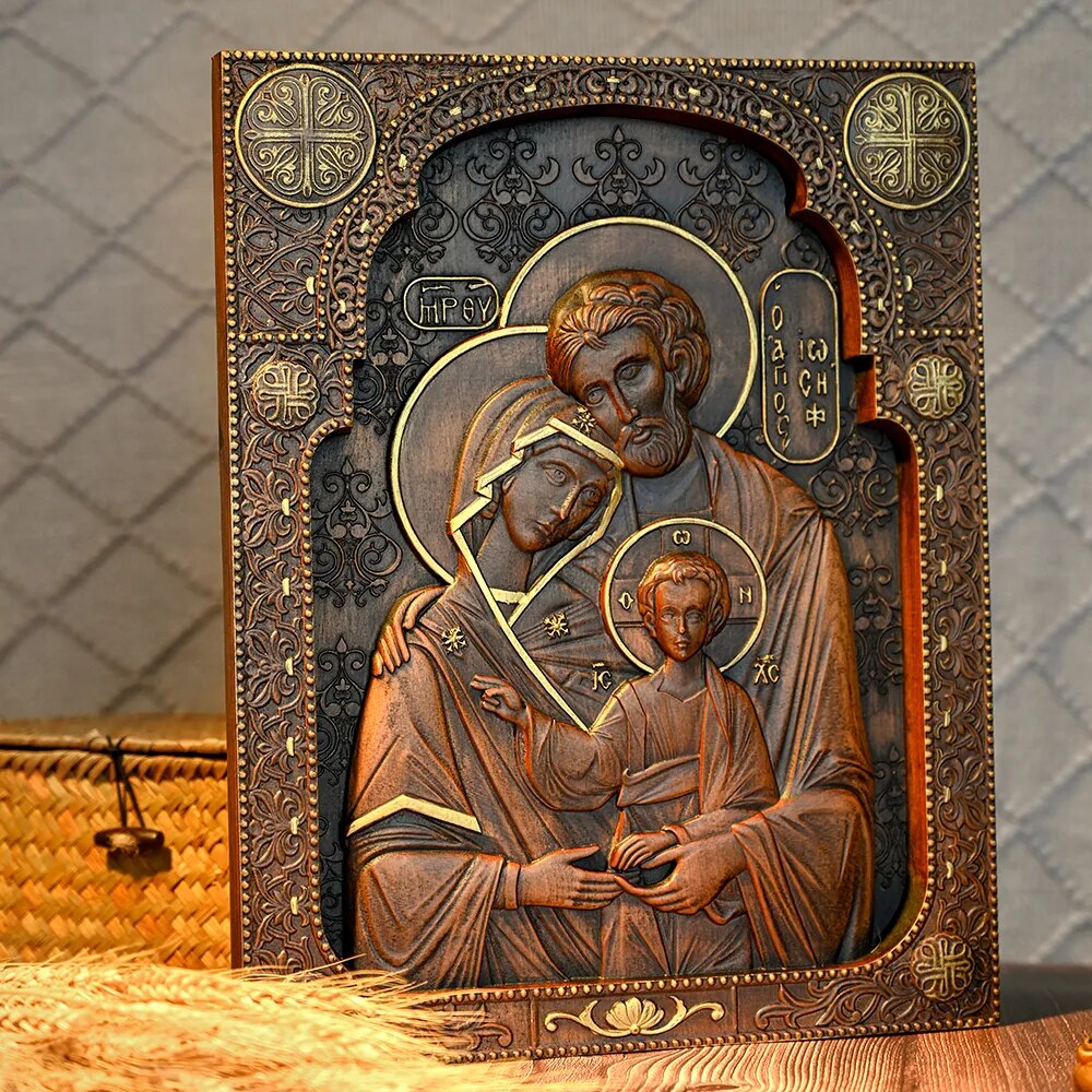 Holy Family Nativity Wood Carving Religious Byzantine Icons Jesus Wall Plaque