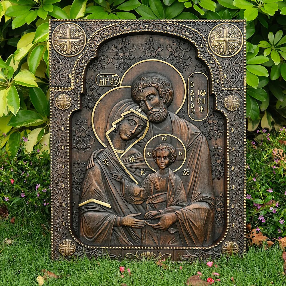 Holy Family Nativity Wood Carving Religious Byzantine Icons Jesus Wall Plaque