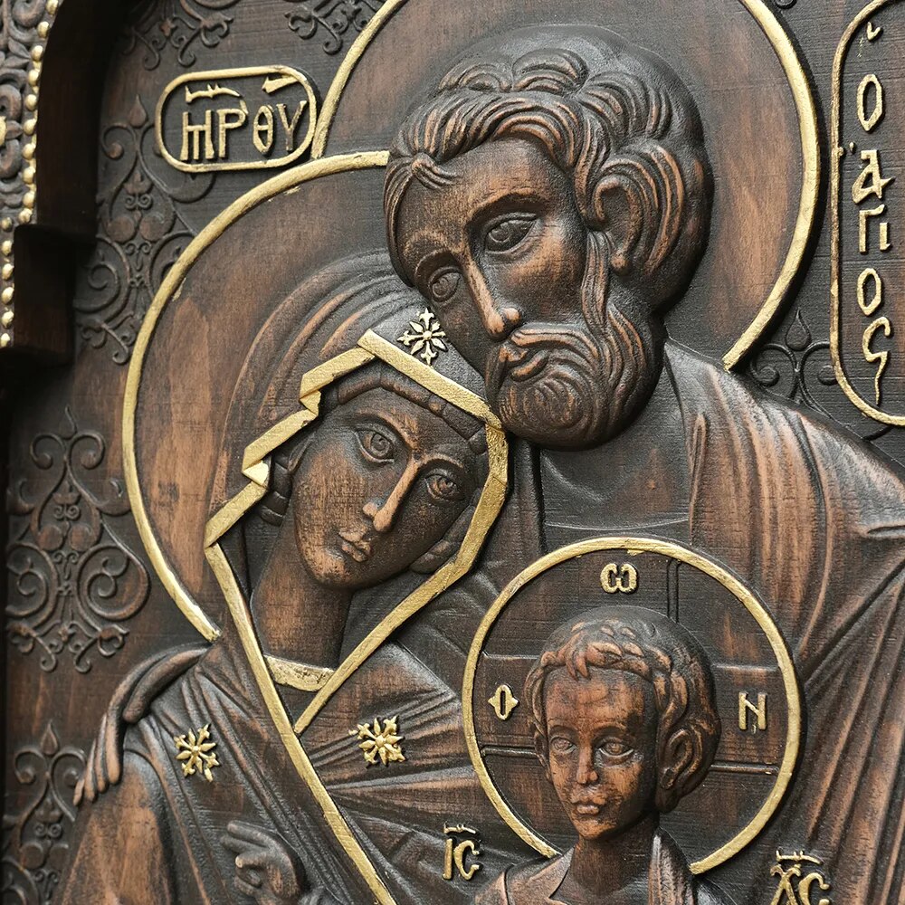 Holy Family Nativity Wood Carving Religious Byzantine Icons Jesus Wall Plaque