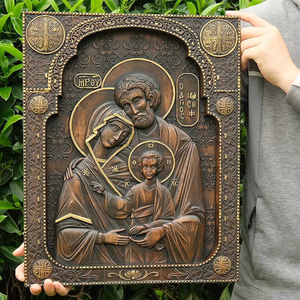 Holy Family Nativity Wood Carving Religious Byzantine Icons Jesus Wall Plaque