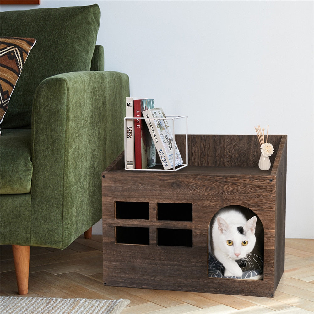 Durable Wooden Cat Cave Bed Furniture with litter box - skipjackltd