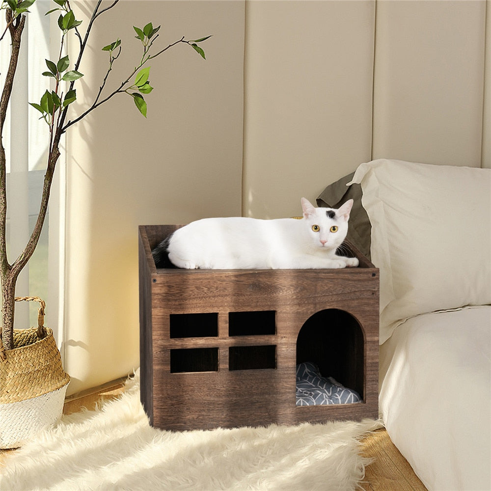 Durable Wooden Cat Cave Bed Furniture with litter box - skipjackltd