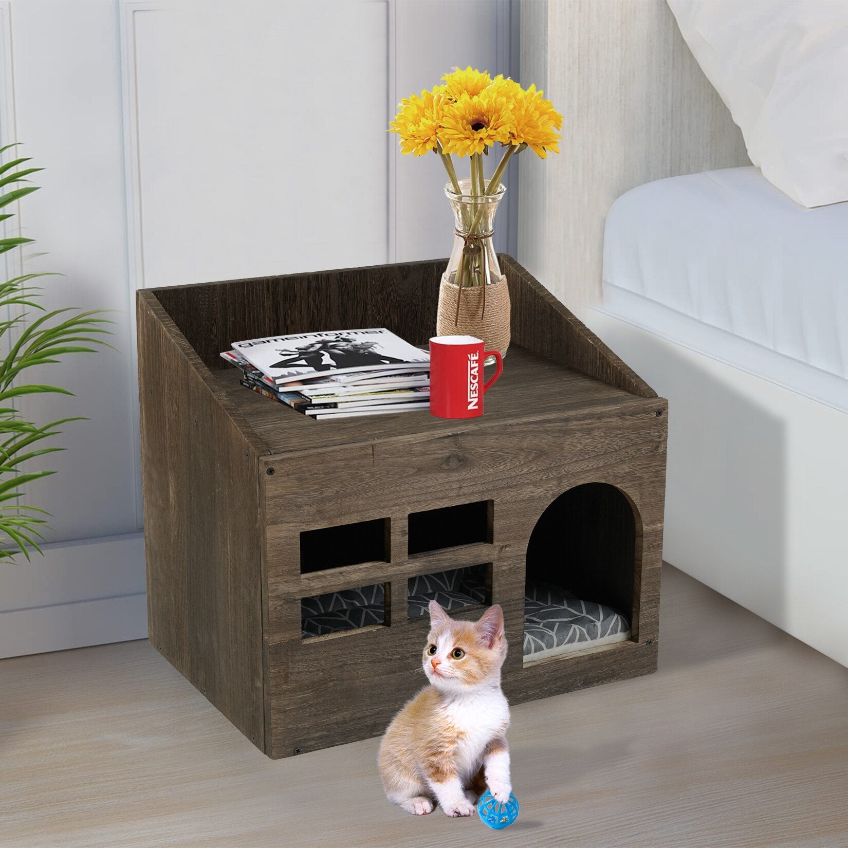 Durable Wooden Cat Cave Bed Furniture with litter box - skipjackltd