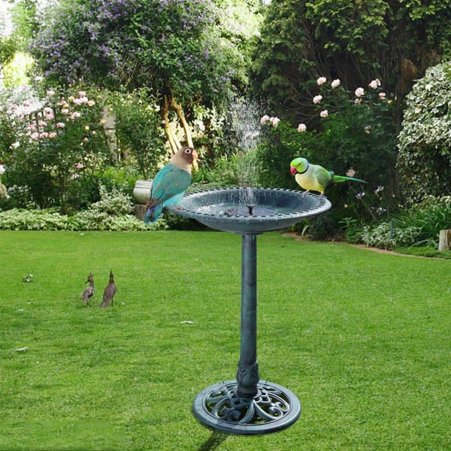 US 28 in. Antique Green Bird Bath with Solar Fountain Resin Pedestal Birdbath