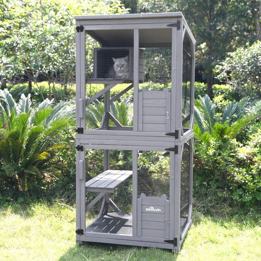 Cat Catio Outdoor Cat House Wooden Large Enclosure Version Catio with Reinforcement Strip,Waterproof Roof (Grey)