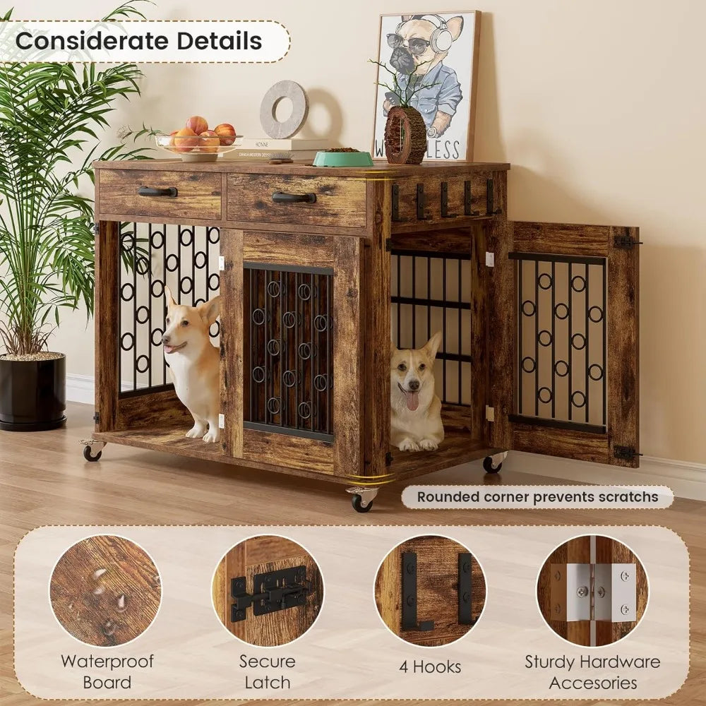 43 Inch Large Wooden Dog Kennel End Table with Storage drawers and Lockable Casters