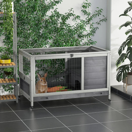 Wooden Indoor Rabbit Hutch Elevated Cage with Wheels