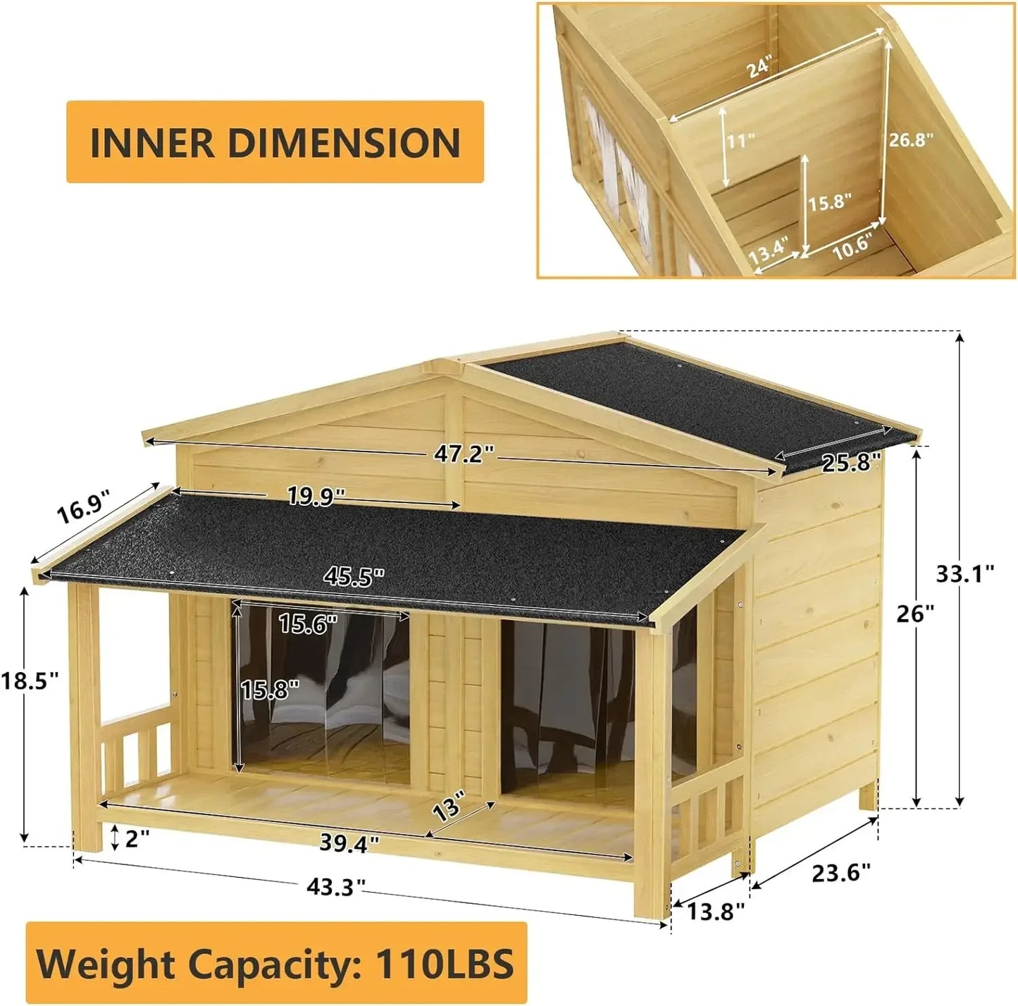 47.2"Wooden Outdoor and Indoor Dog House, Log Cabin Style with Porch,Elevated Floor, 2 Doors