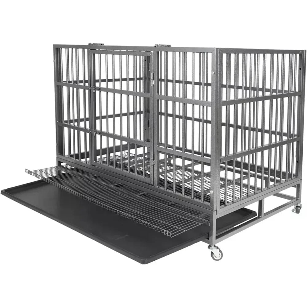 47 Inch Heavy Duty Indestructible Dog Crate with Double Door and Removable Tray Pan