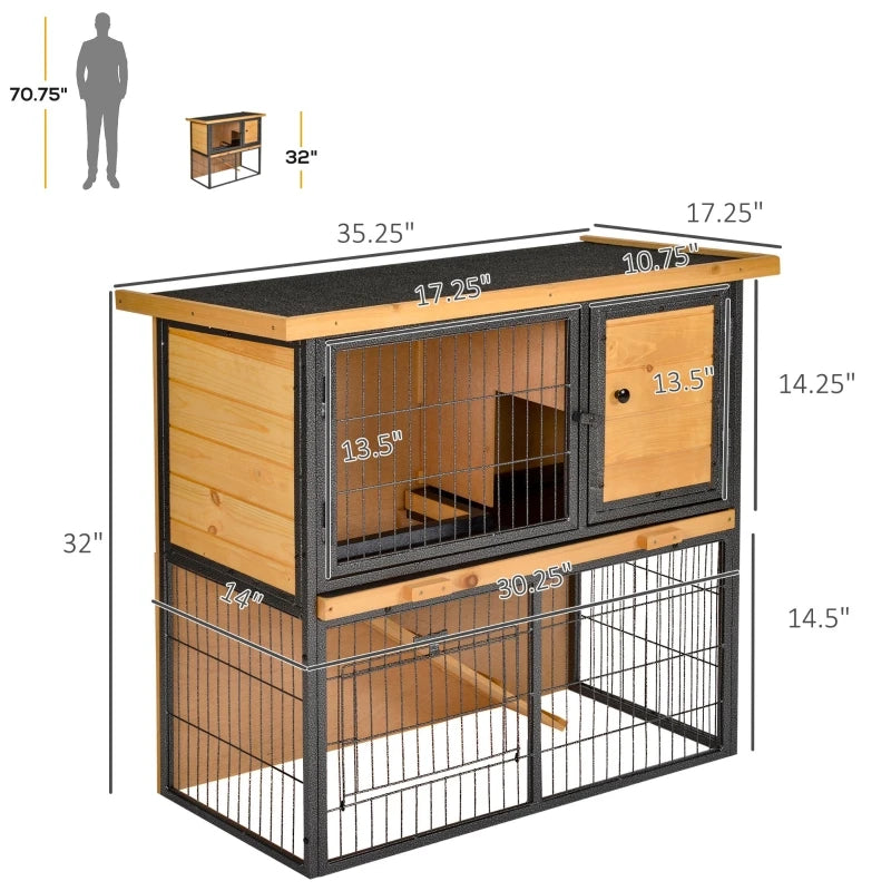 Wood Elevated Bunny Cage Small with Slide-out Tray Asphalt Roof ,Lockable Door