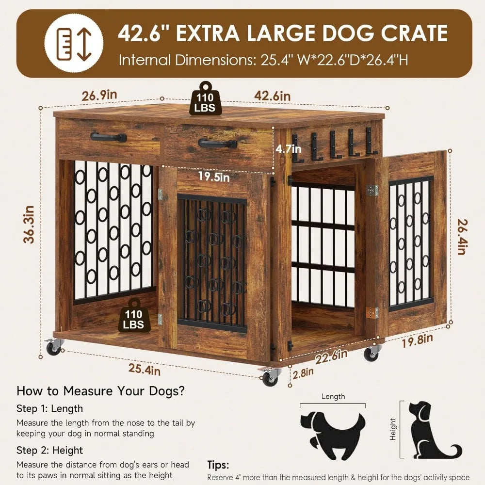 43 Inch Large Wooden Dog Kennel End Table with Storage drawers and Lockable Casters