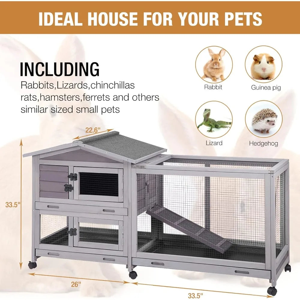 Indoor and Outdoor Rabbit Hutch with Casters, Waterproof Roof, Pull Out Tray from Back and Front