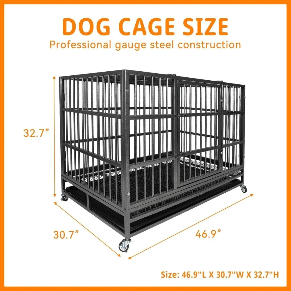 47 Inch Heavy Duty Indestructible Dog Crate with Double Door and Removable Tray Pan