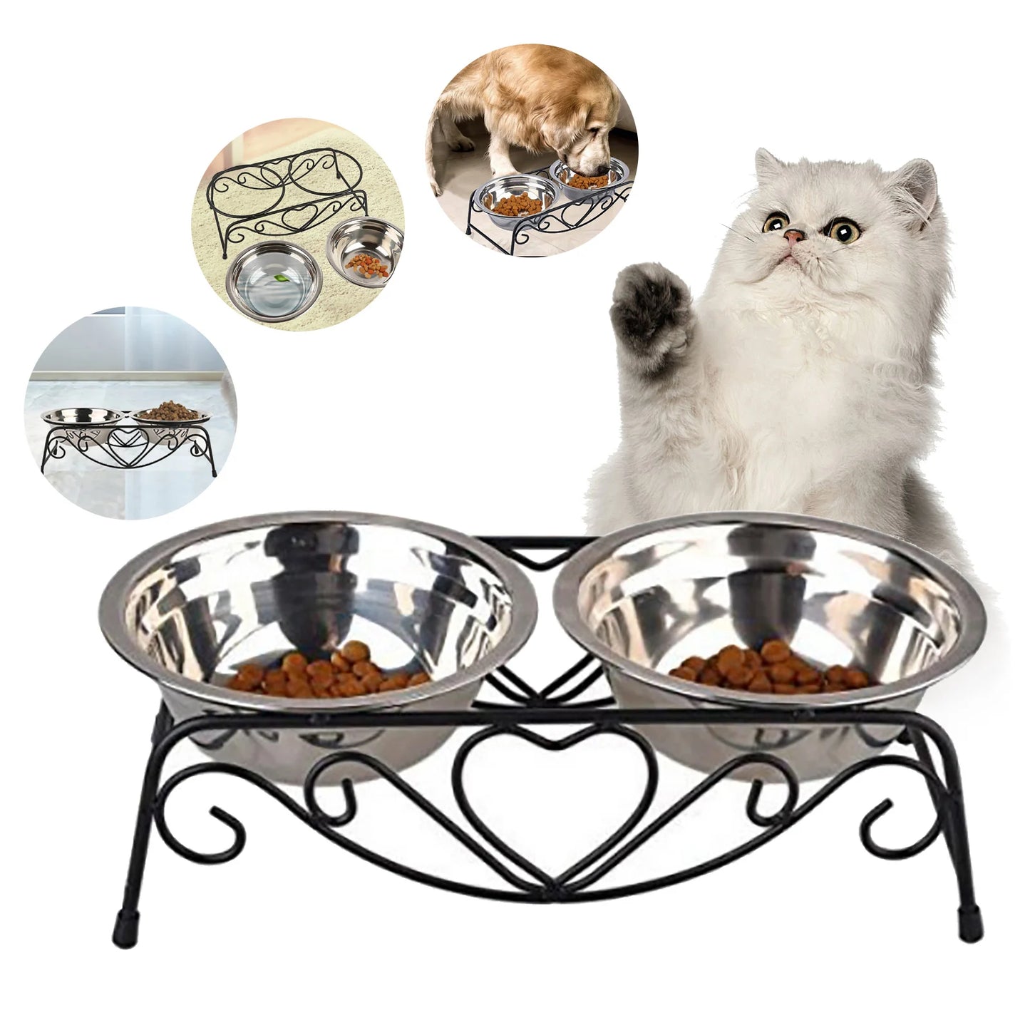 Stainless Steel Cat Bowl Feeding And Water 2-Bowl Feeding Station Non-Slip