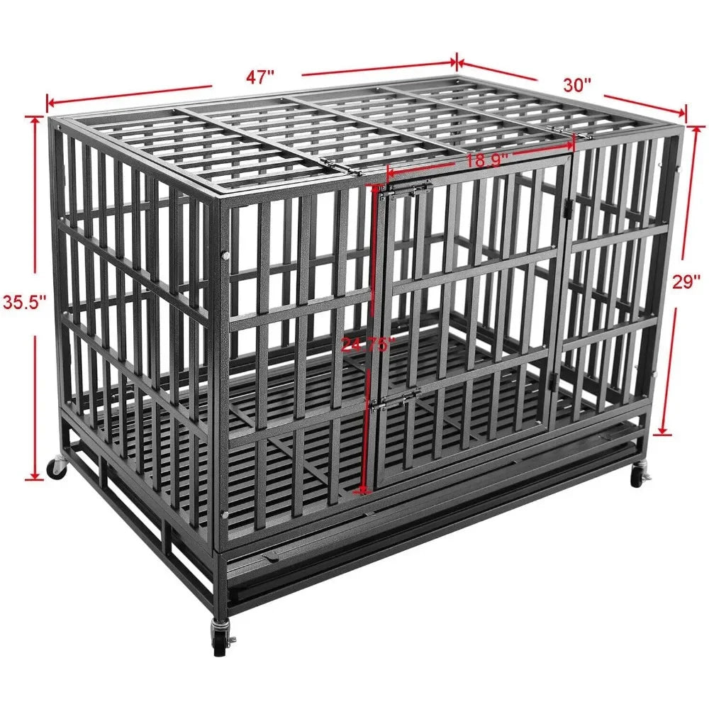 47 Inch Heavy Duty Indestructible Dog Crate with Double Door and Removable Tray Pan