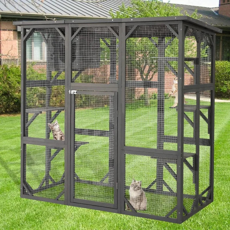 Large Fir Wooden Outdoor Indoor Catio Cat Enclosure with Weather Protection Roof with Cattery and 5 Platforms