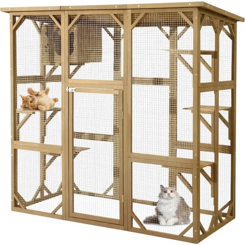 Large Fir Wooden Outdoor Indoor Catio Cat Enclosure with Weather Protection Roof with Cattery and 5 Platforms