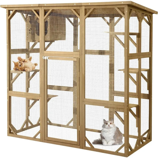 Large Fir Wooden Outdoor Indoor Catio Cat Enclosure with Weather Protection Roof with Cattery and 5 Platforms