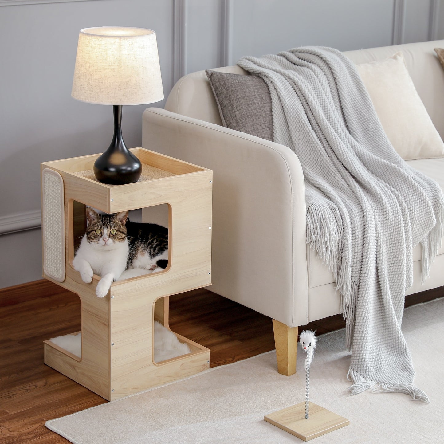 Modern Cat Tree Board Furniture Bed 3 Levels Spacious Top Scratching Pad