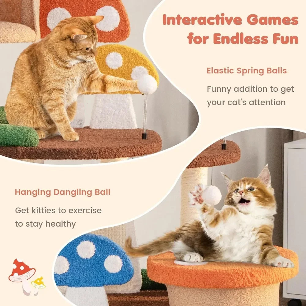 Mushroom Cat Tree with Full-Wrapped Sisal Posts, Scratching Boards & Interactive Balls