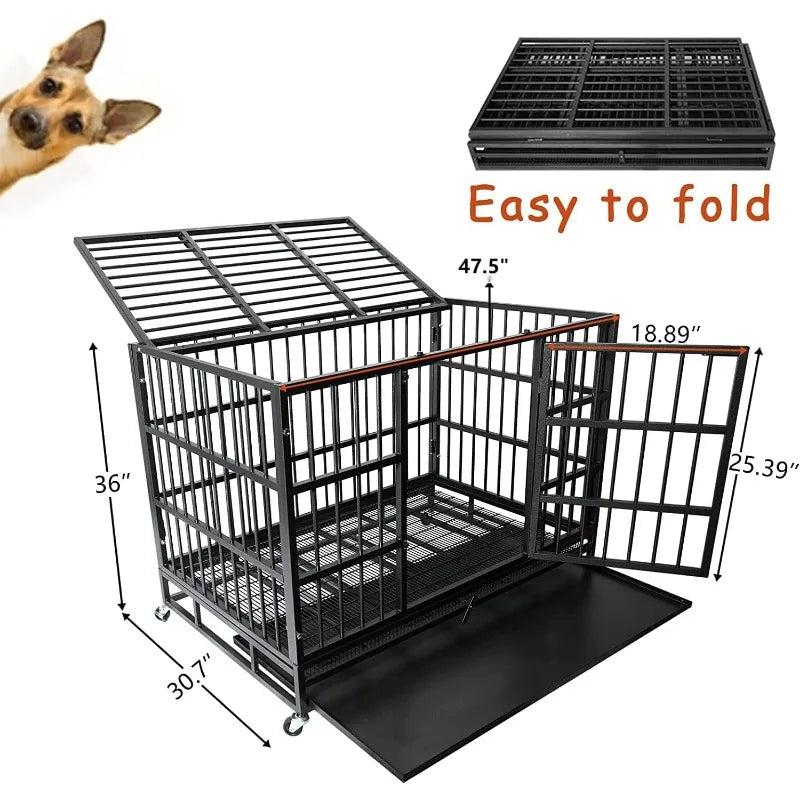 48/38 Inch Heavy Duty Dog Crate Cage Kennel with Wheels