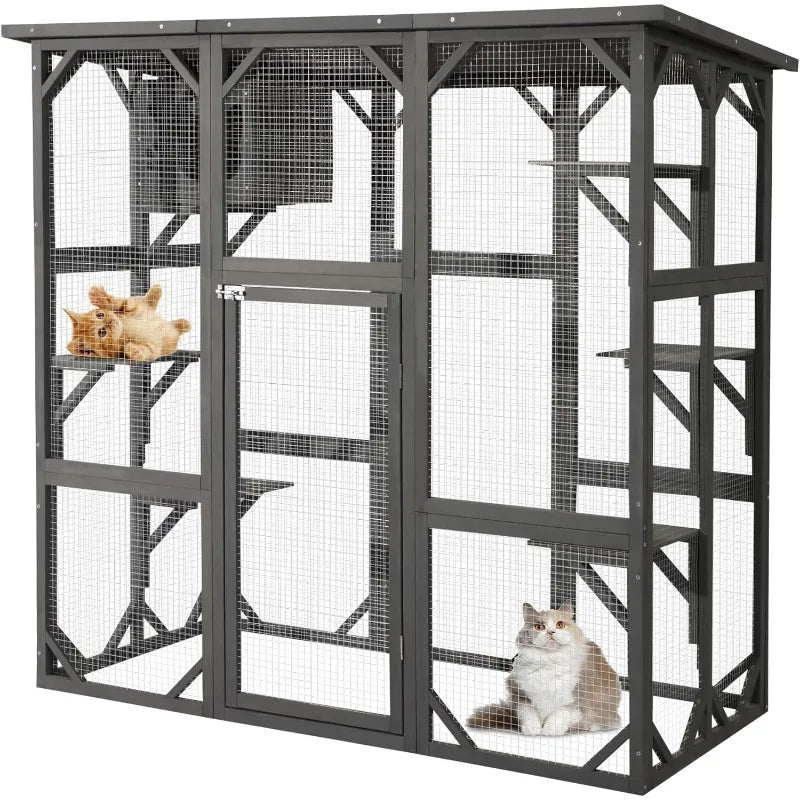 Large Fir Wooden Outdoor Indoor Catio Cat Enclosure with Weather Protection Roof with Cattery and 5 Platforms