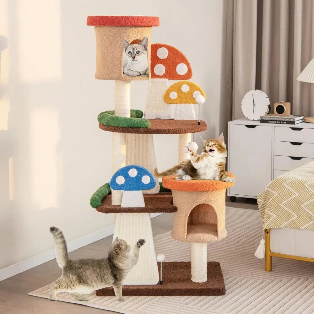 Mushroom Cat Tree with Full-Wrapped Sisal Posts, Scratching Boards & Interactive Balls