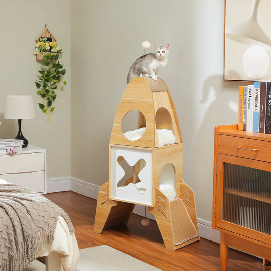 Rocket Shape Wooden Cat Tower Tree with 2 Condos Dangling Balls