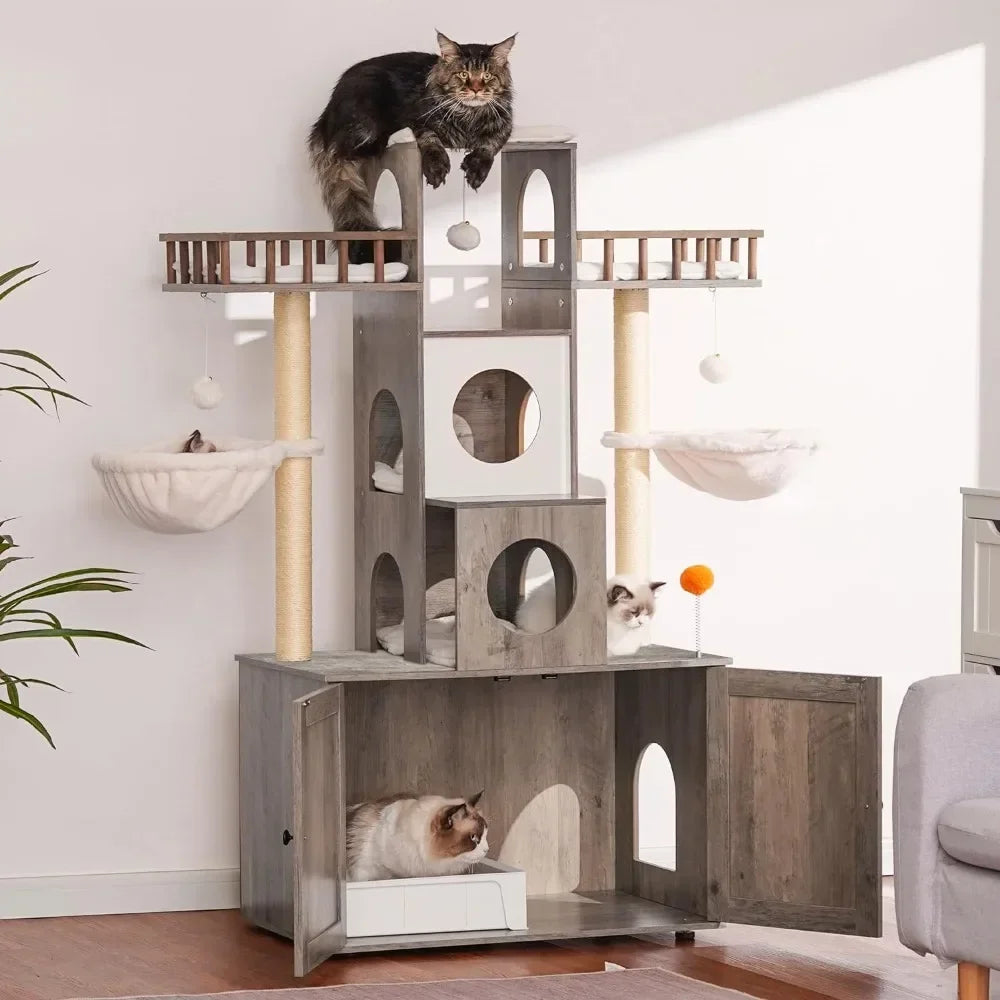 Cat Tree With Litter Box Enclosure for Indoor Big Cat Tower