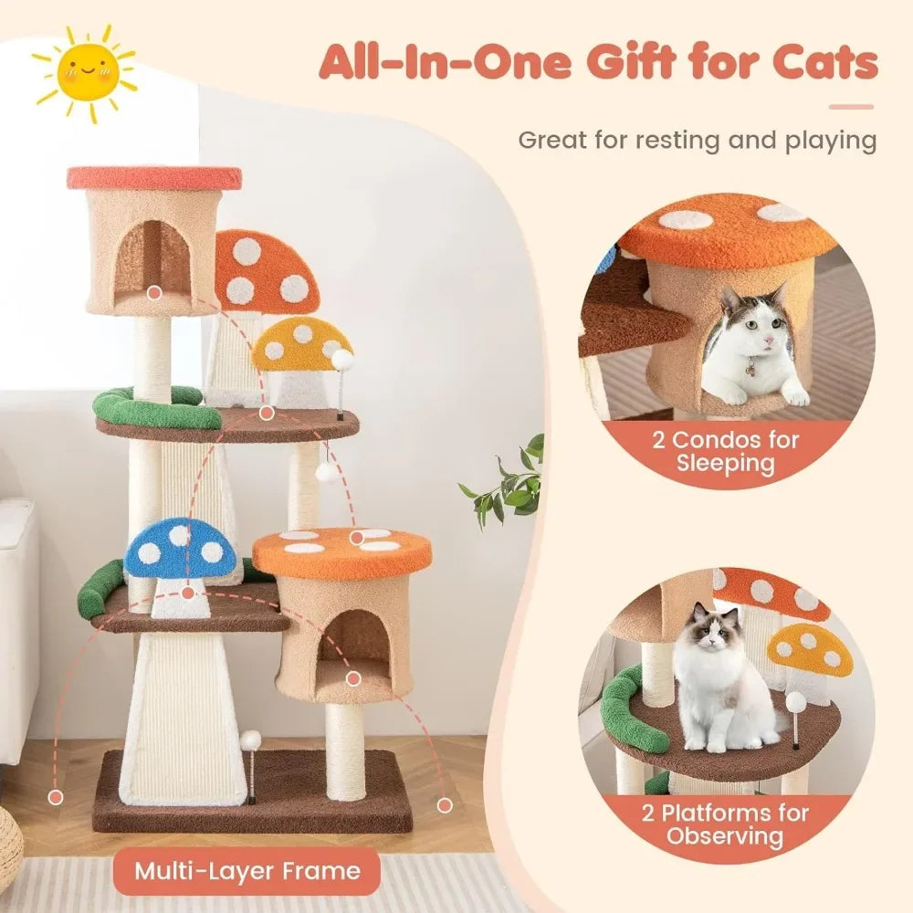 Mushroom Cat Tree with Full-Wrapped Sisal Posts, Scratching Boards & Interactive Balls