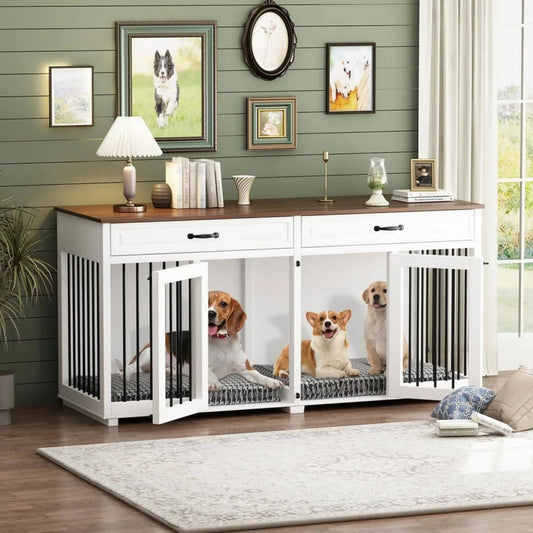 Indoor Wooden Dog Crate Kennel with 2-Drawers and Divider ,White