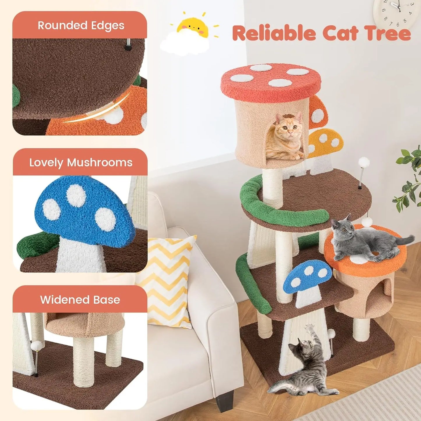 Mushroom Cat Tree with Full-Wrapped Sisal Posts, Scratching Boards & Interactive Balls