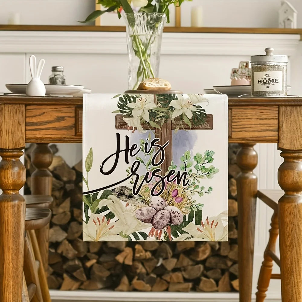 He Is Risen Egg Lily Happy Easter Linen Table Runner