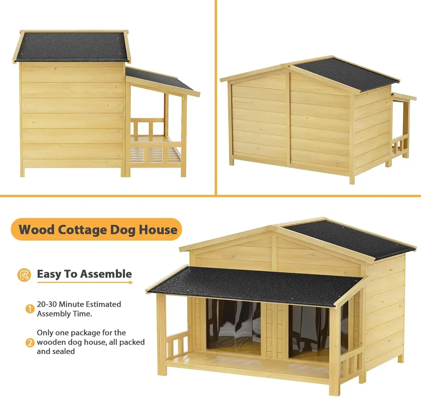 47.2"Wooden Outdoor and Indoor Dog House, Log Cabin Style with Porch,Elevated Floor, 2 Doors