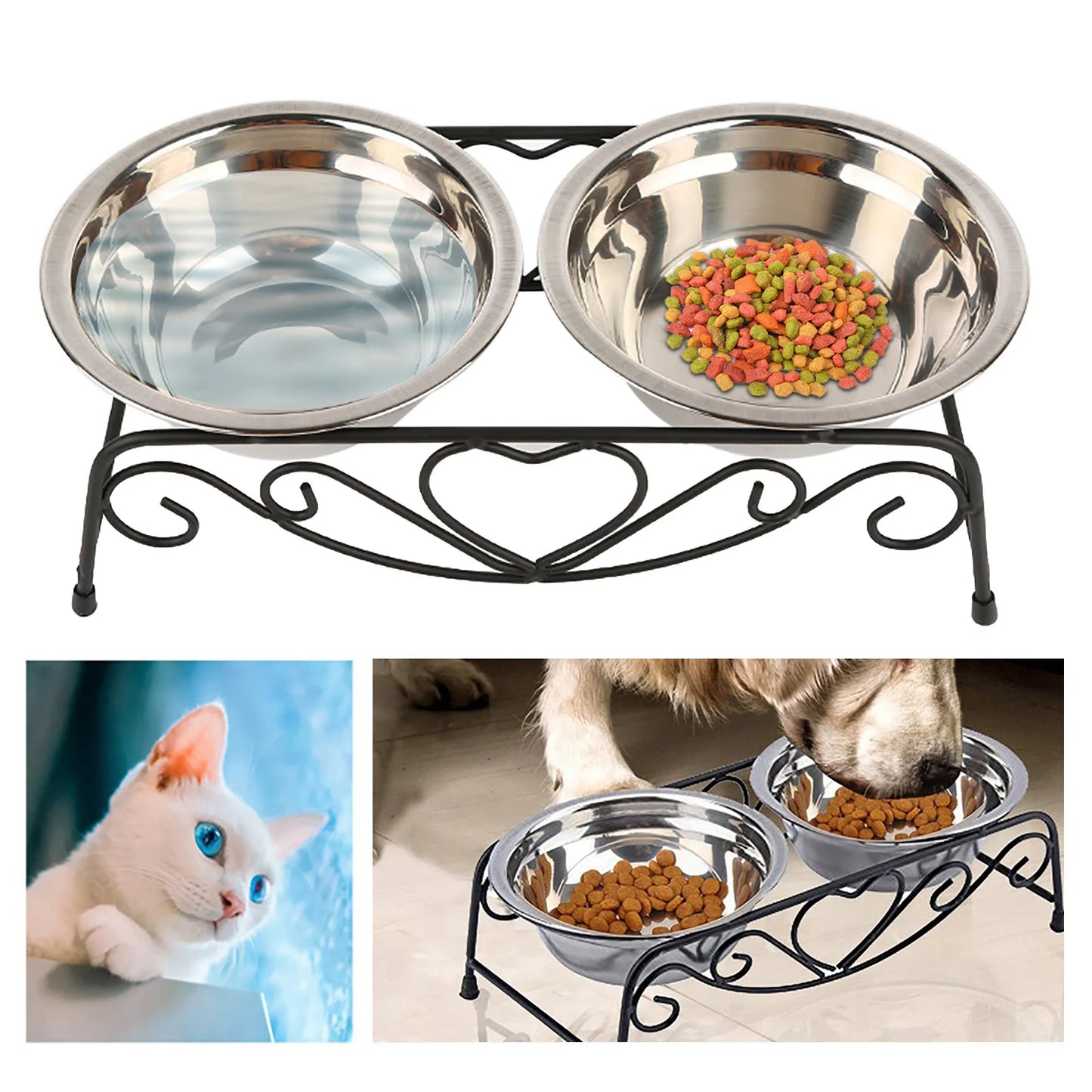 Stainless Steel Cat Bowl Feeding And Water 2-Bowl Feeding Station Non-Slip