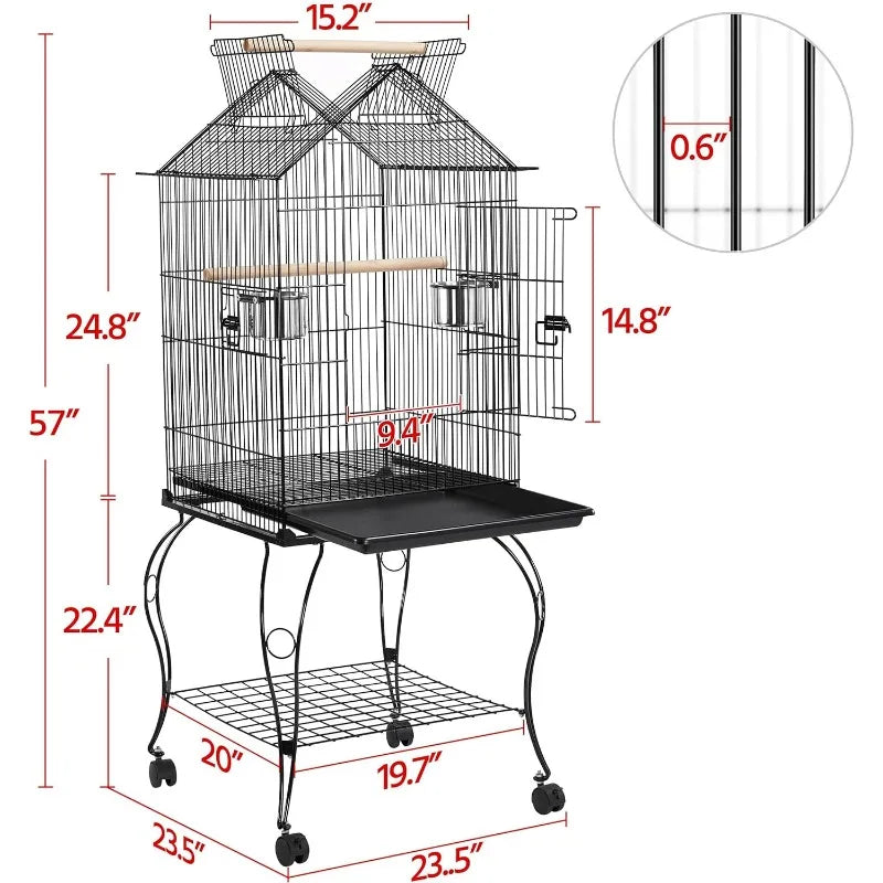 57-Inch Rolling Open Top Roof Bird Cage for Mid-Sized Parrots and Cockatiels