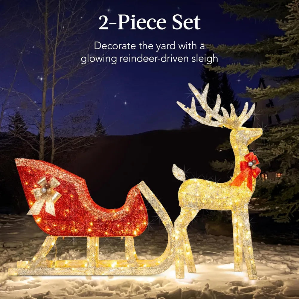 Lighted Christmas Reindeer & Sleigh Outdoor Yard Decoration Set W/ 205 LED Lights