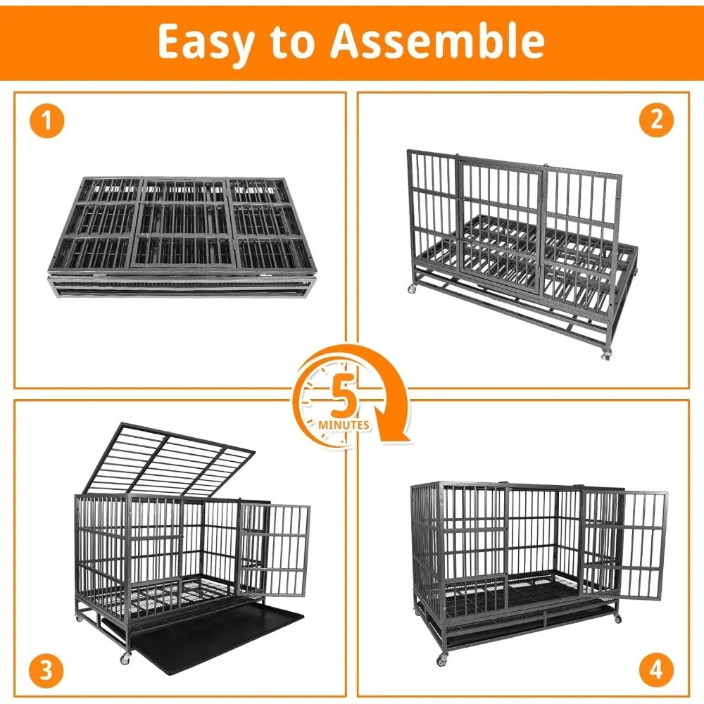 47 Inch Heavy Duty Indestructible Dog Crate with Double Door and Removable Tray Pan