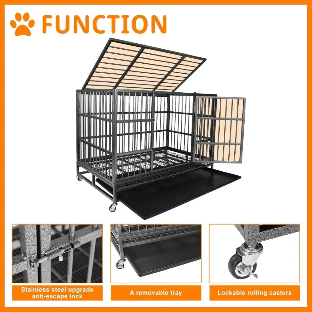 47 Inch Heavy Duty Indestructible Dog Crate with Double Door and Removable Tray Pan