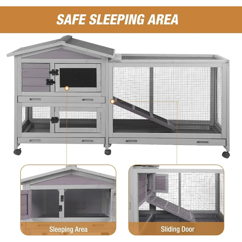 Indoor and Outdoor Rabbit Hutch with Casters, Waterproof Roof, Pull Out Tray from Back and Front