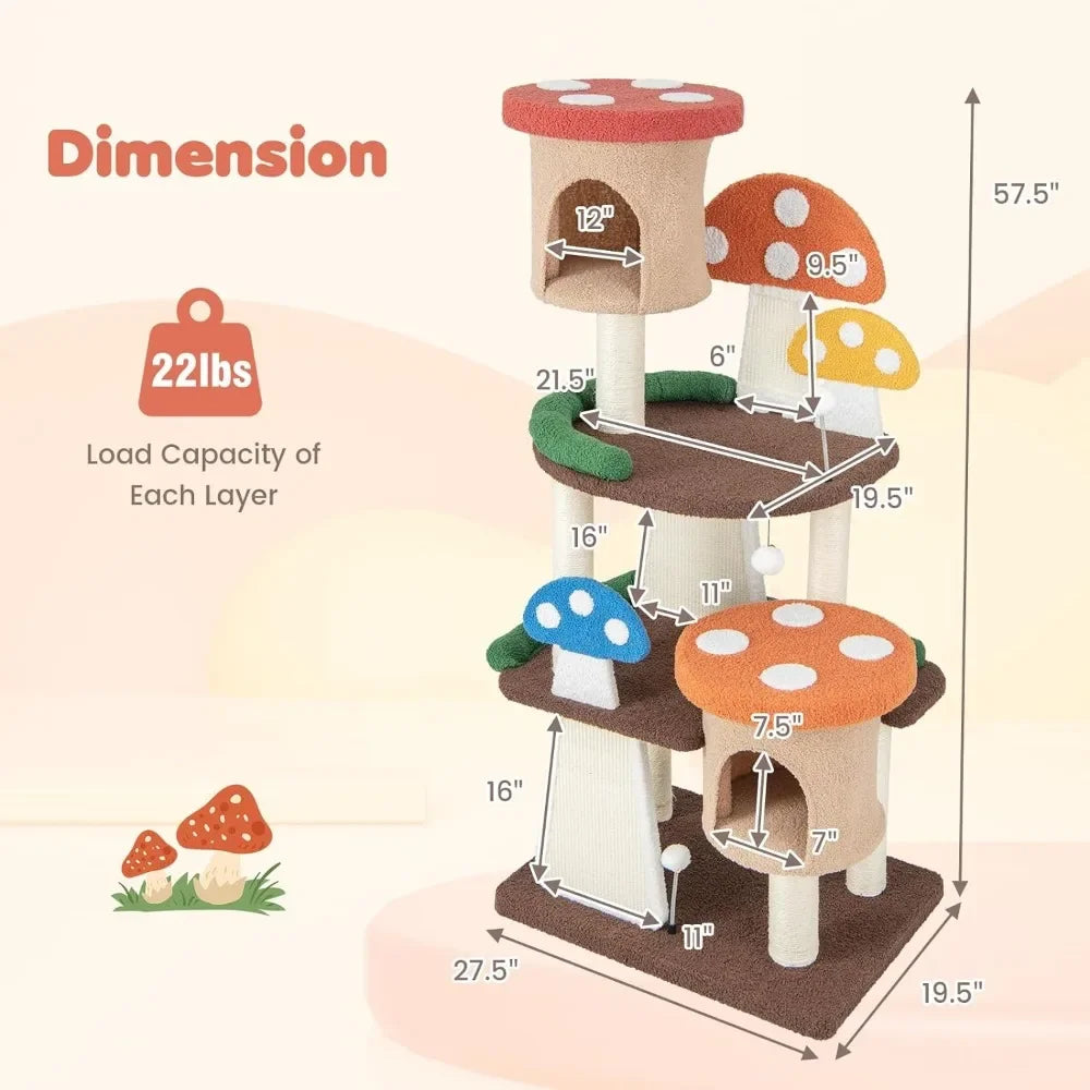 Mushroom Cat Tree with Full-Wrapped Sisal Posts, Scratching Boards & Interactive Balls