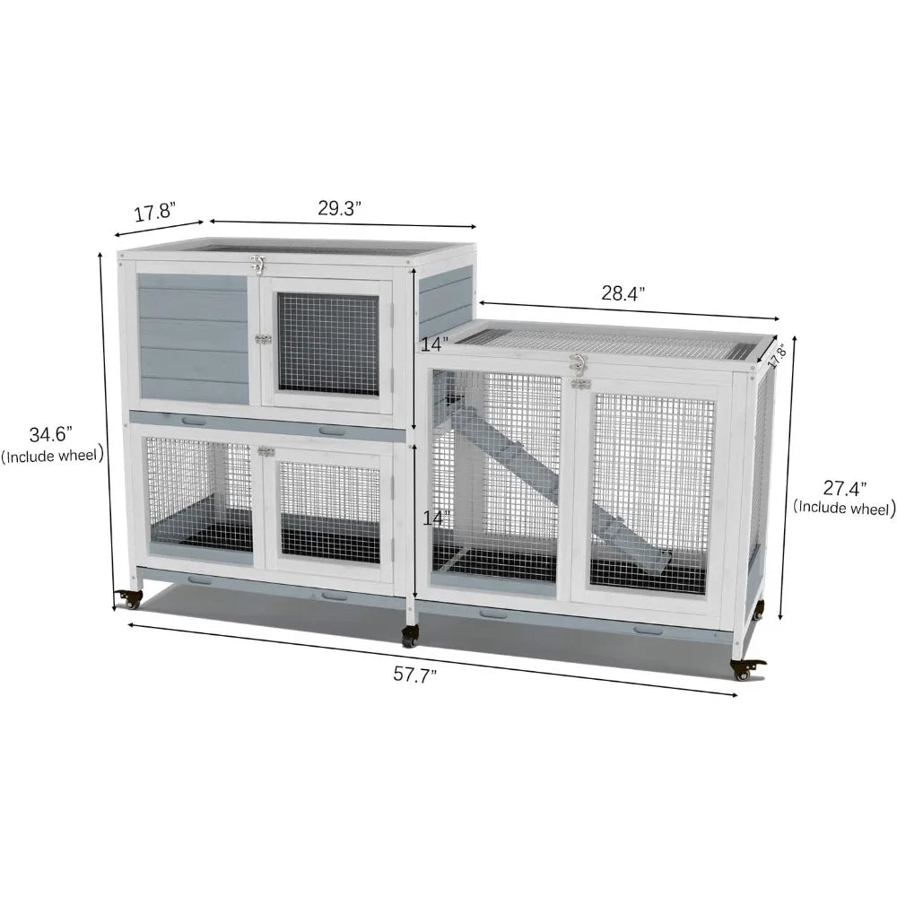 Two Floors 58" Wooden Indoor Bunny Hutch on Wheels for Small to Medium Animals