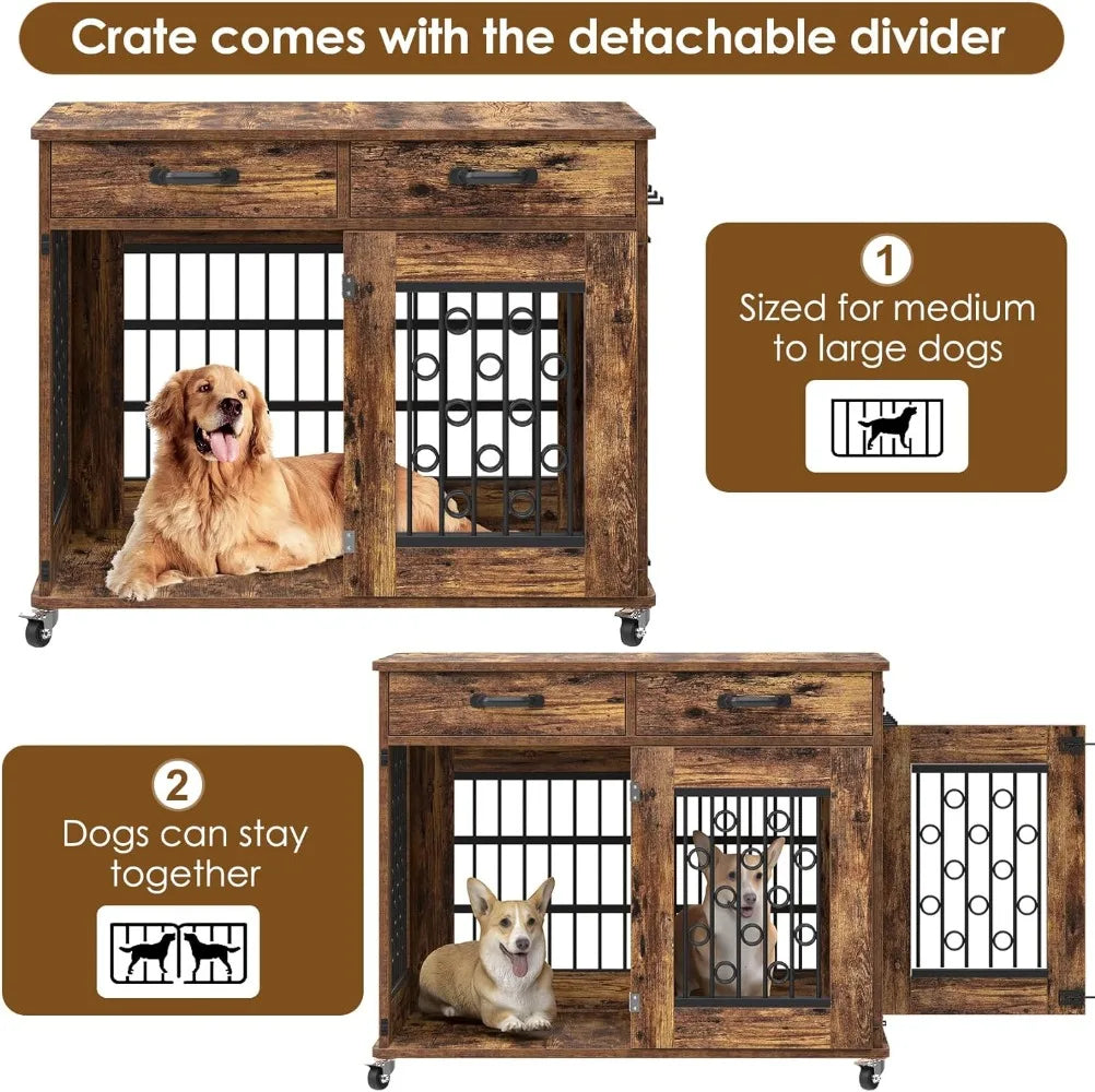 43 Inch Large Wooden Dog Kennel End Table with Storage drawers and Lockable Casters