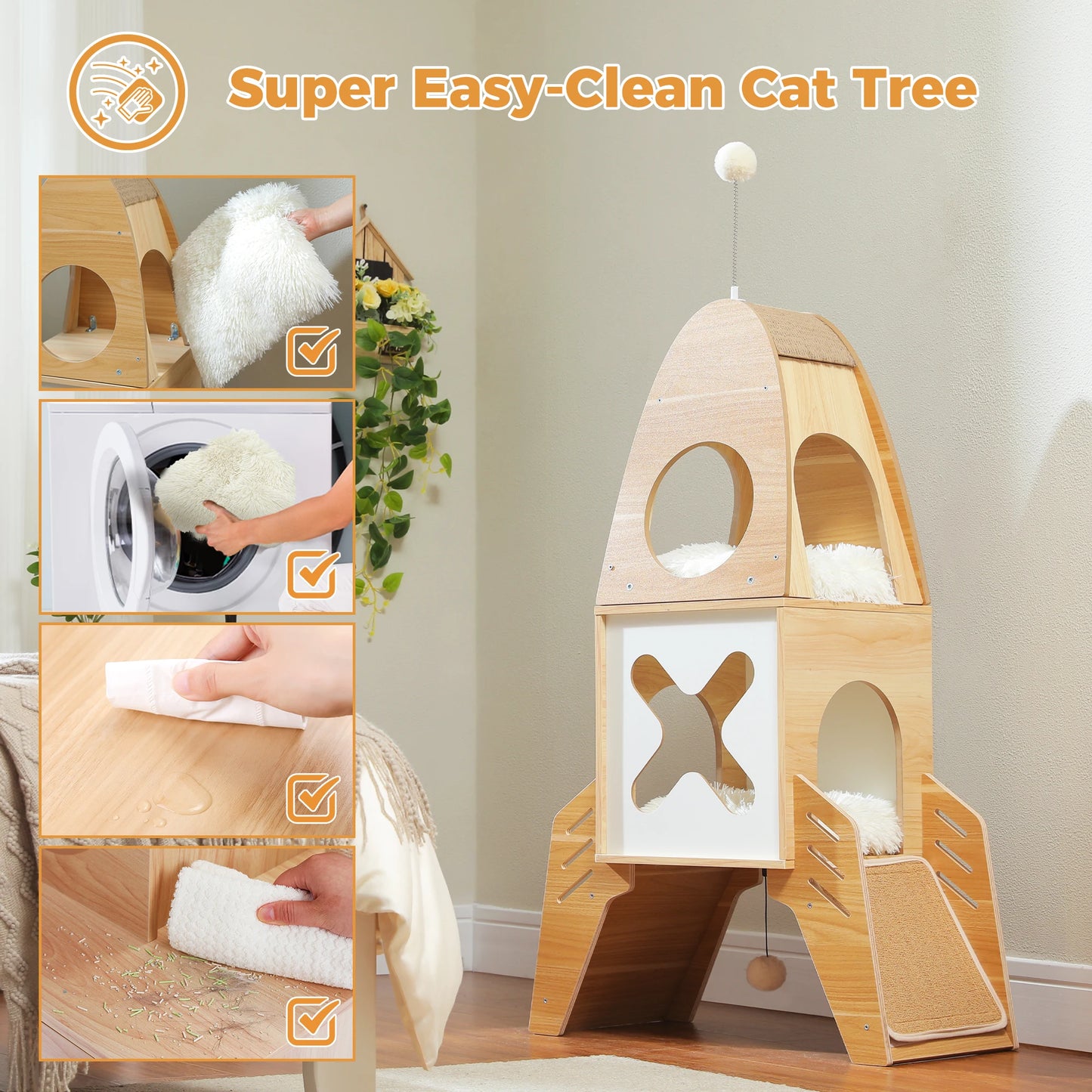 Rocket Shape Wooden Cat Tower Tree with 2 Condos Dangling Balls