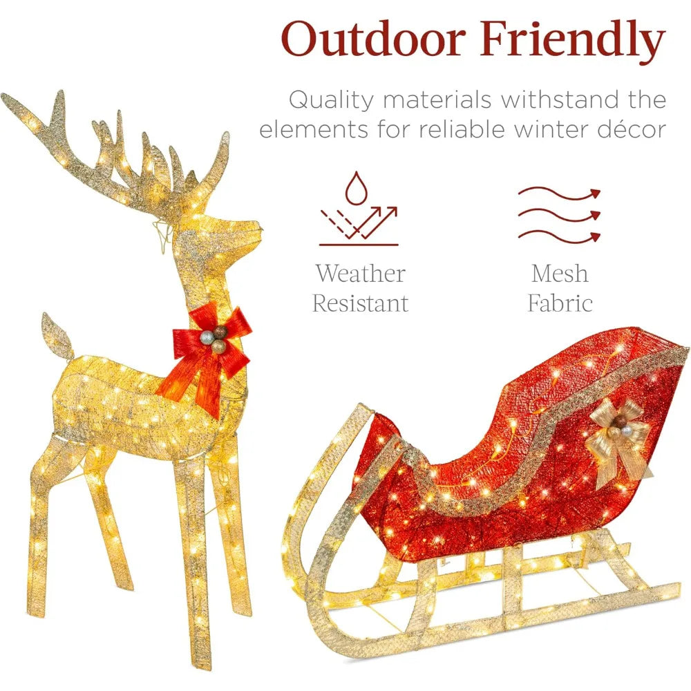 Lighted Christmas Reindeer & Sleigh Outdoor Yard Decoration Set W/ 205 LED Lights