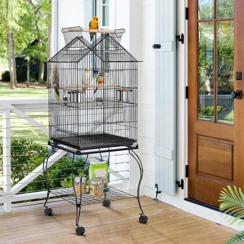 57-Inch Rolling Open Top Roof Bird Cage for Mid-Sized Parrots and Cockatiels