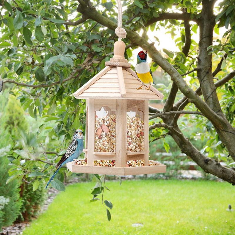 Large Capacity Wild Bird Feed Dispenser Wooden Bird Feeder Bird House With Roof