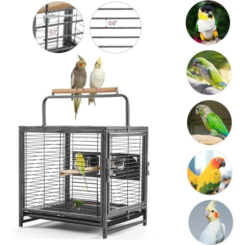 25.5'' Wrought Iron Bird Travel Carrier Cage Parrot Cage with Handle Wooden Perch & Seed Guard