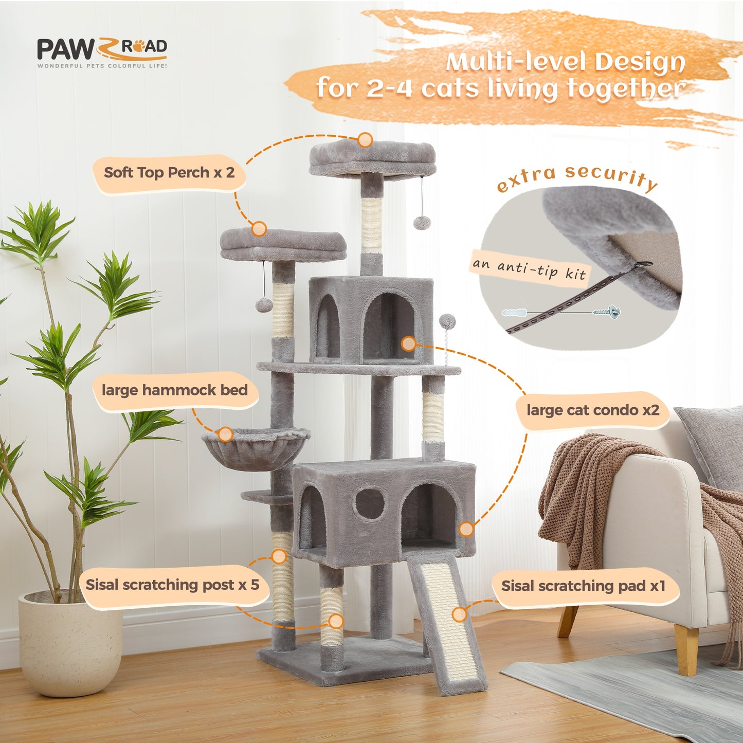 Tree With Cozy Perches Stable Cat Climbing Frame Cat Scratch Board Toys Gray&Beige